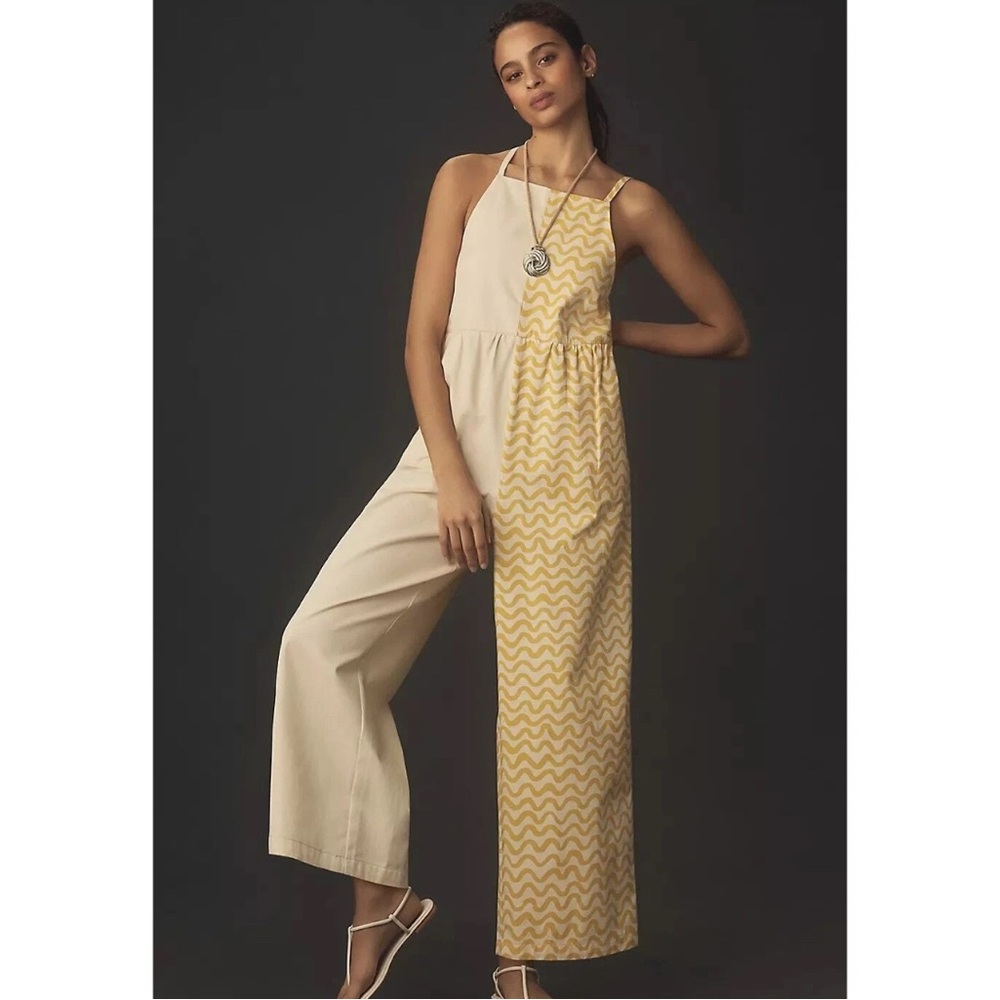 Anthropologie Cream and Yellow Sleeveless Wide-Leg Jumpsuit NWT